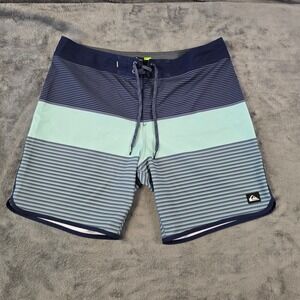 Quiksilver Highline Mens Board Shorts Size 36 Striped Navy Teal Blue Swim Trunks
